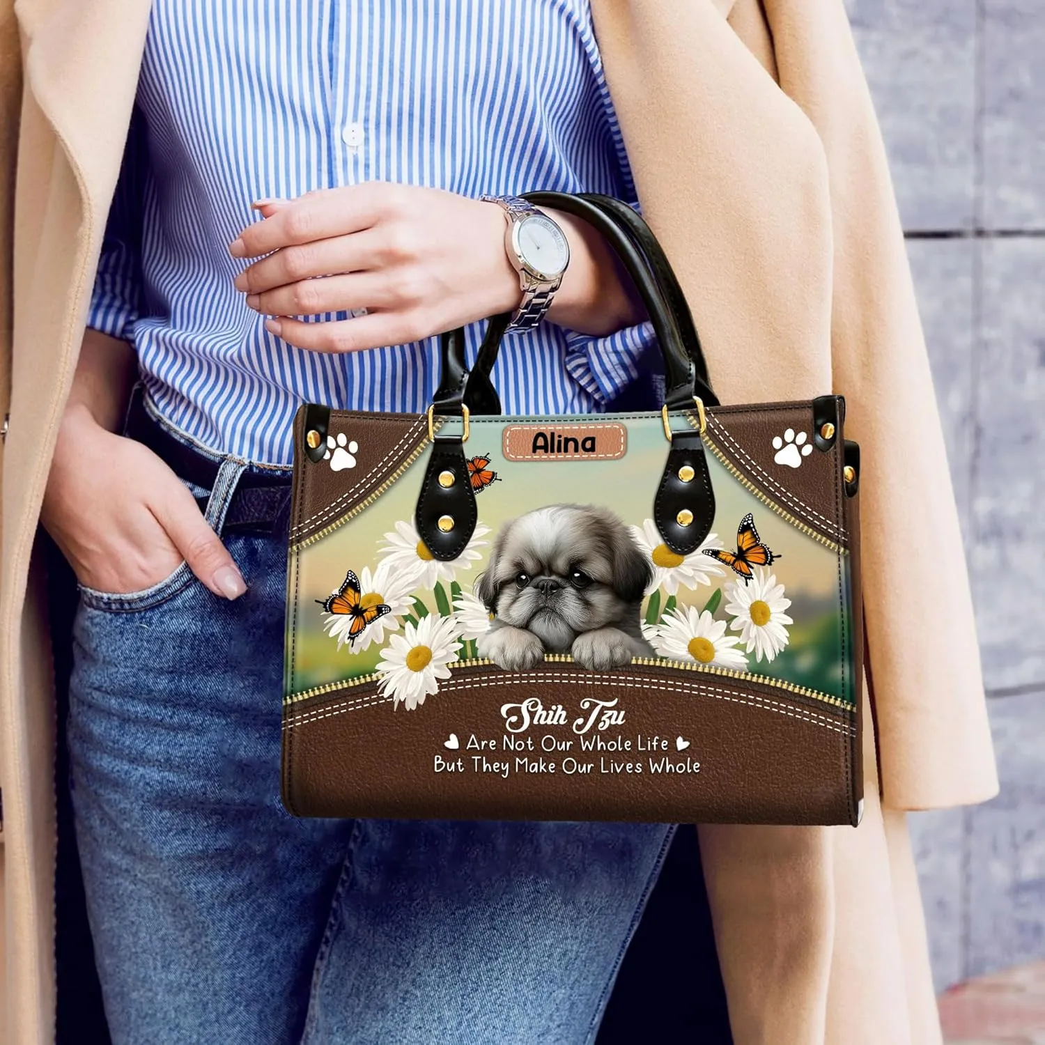 Personalized Shih Tzu Dog Handbags, Custom Name Dog Leather Bags, Purses, Shoulder Bag, Gift For Dog Mom Dog Lover