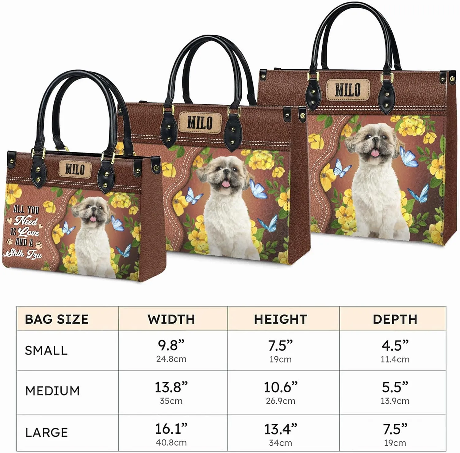 Personalized Shih Tzu Dog Handbags, Custom Name Dog Leather Bags, Purses, Shoulder Bag, Gift For Dog Mom Dog Lover