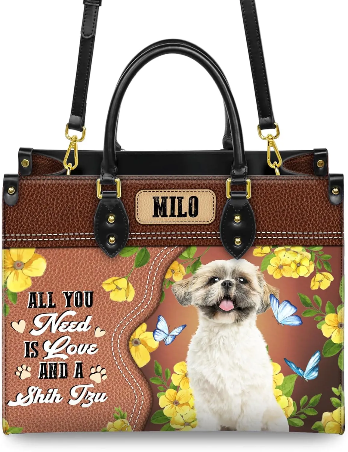 Personalized Shih Tzu Dog Handbags, Custom Name Dog Leather Bags, Purses, Shoulder Bag, Gift For Dog Mom Dog Lover