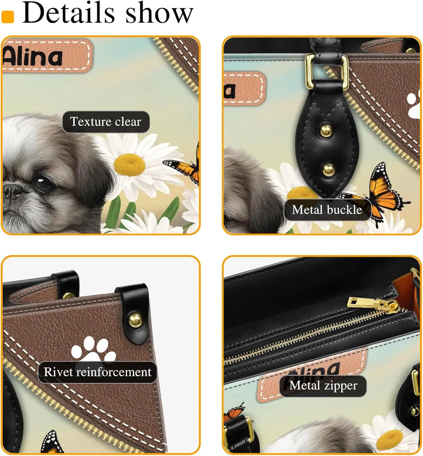 Personalized Shih Tzu Dog Handbags, Custom Name Dog Leather Bags, Purses, Shoulder Bag, Gift For Dog Mom Dog Lover