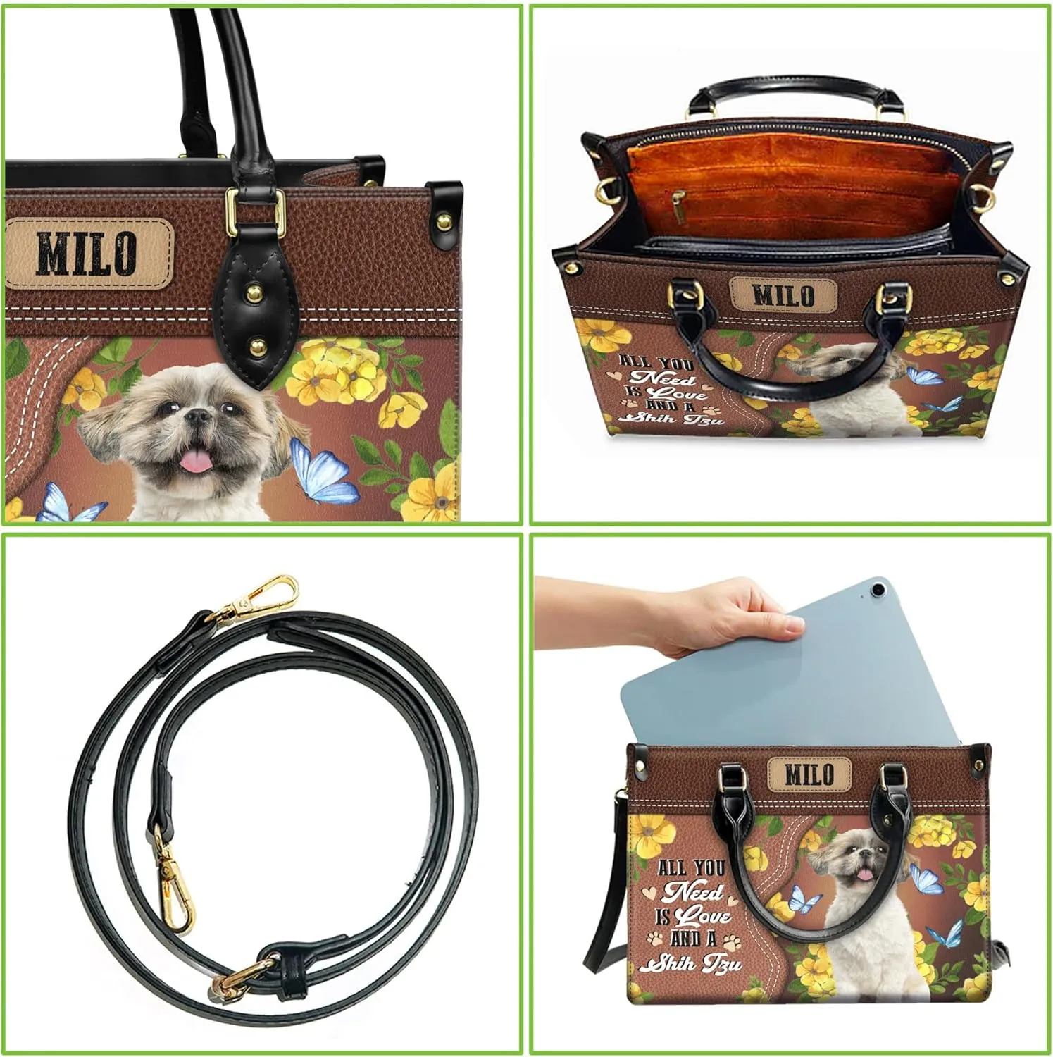 Personalized Shih Tzu Dog Handbags, Custom Name Dog Leather Bags, Purses, Shoulder Bag, Gift For Dog Mom Dog Lover