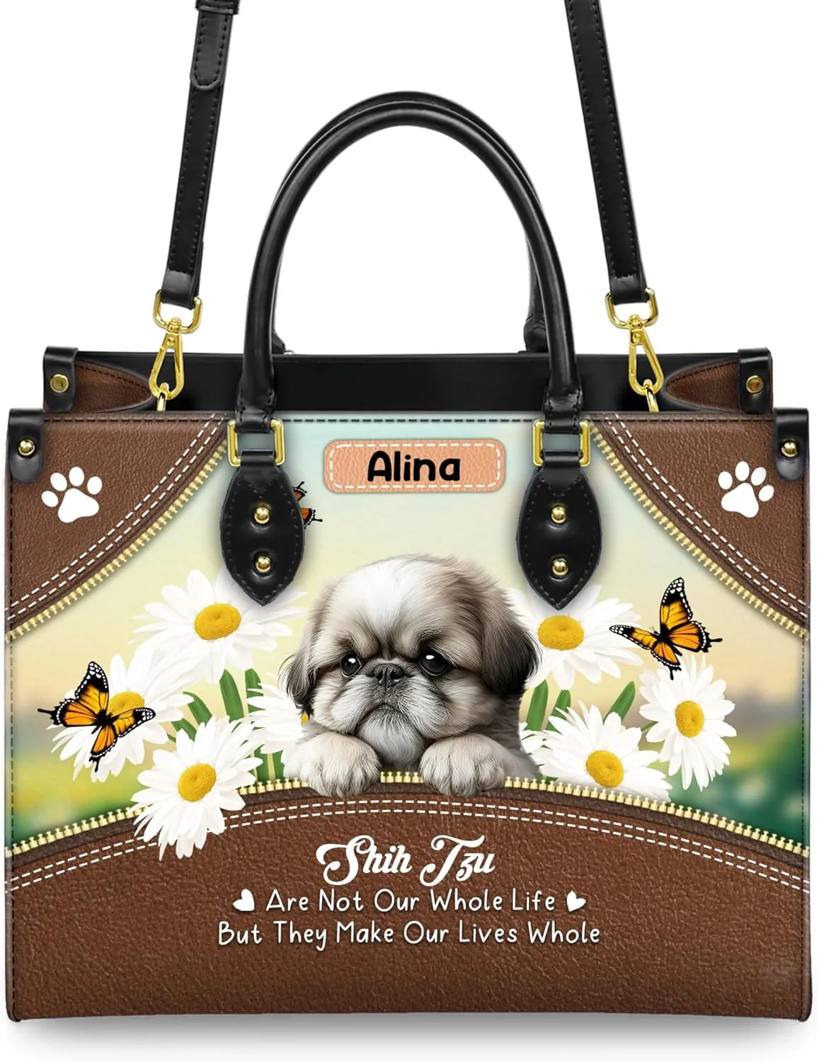 Personalized Shih Tzu Dog Handbags, Custom Name Dog Leather Bags, Purses, Shoulder Bag, Gift For Dog Mom Dog Lover