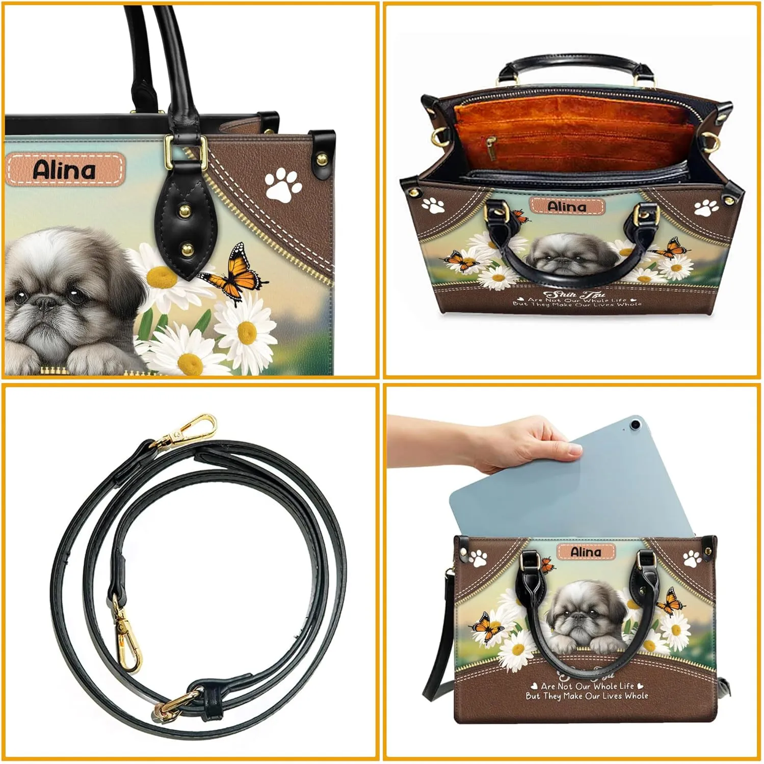 Personalized Shih Tzu Dog Handbags, Custom Name Dog Leather Bags, Purses, Shoulder Bag, Gift For Dog Mom Dog Lover