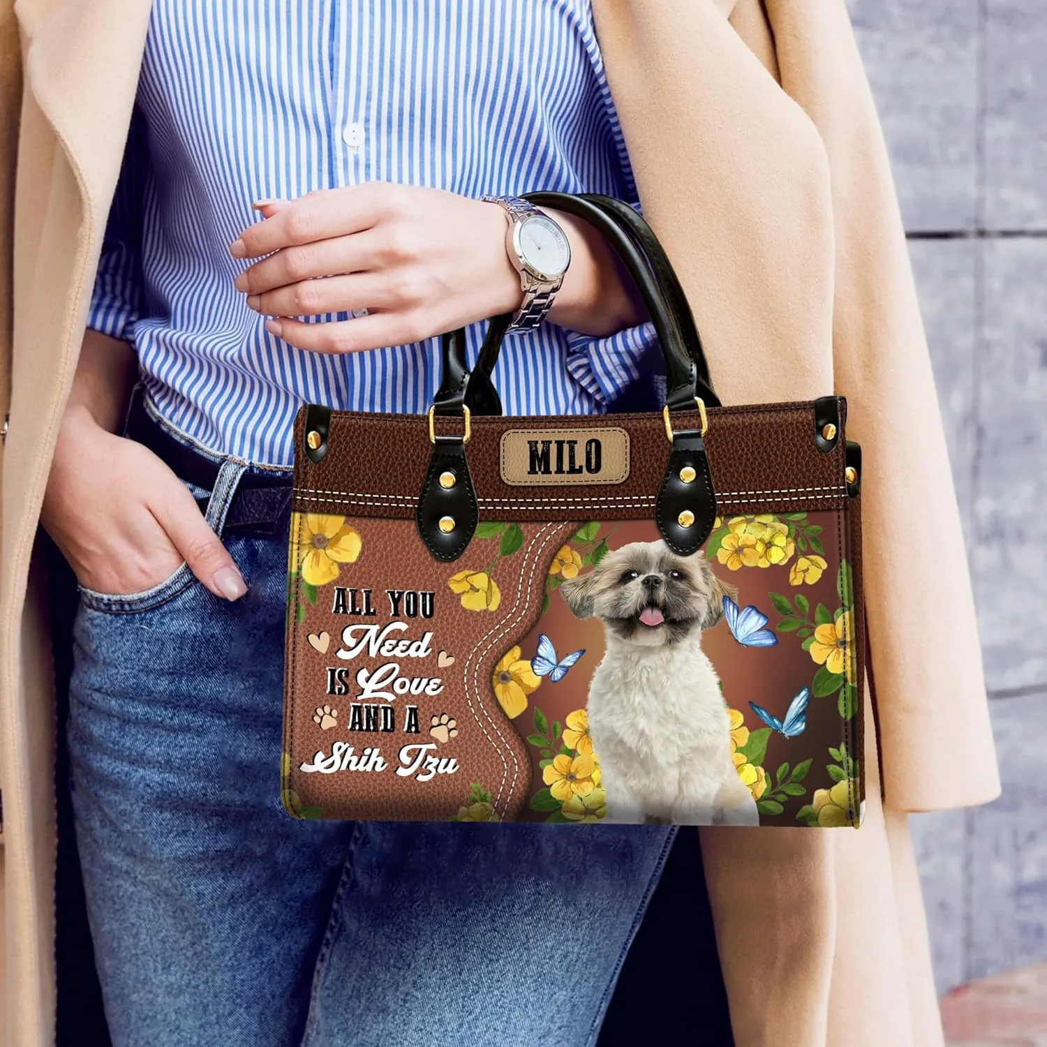 Personalized Shih Tzu Dog Handbags, Custom Name Dog Leather Bags, Purses, Shoulder Bag, Gift For Dog Mom Dog Lover