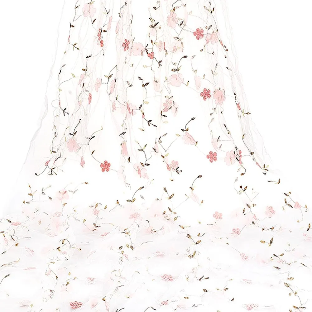 PH PandaHall 2 Yards Flower Tulle Fabric Mesh Lace Fabric 51 Inch Wide Embroidery Lace Fabrics Floral Applique Fabrics White Netting Fabric for DIY Sewing Clothing Dress Curtain Wedding Decor
