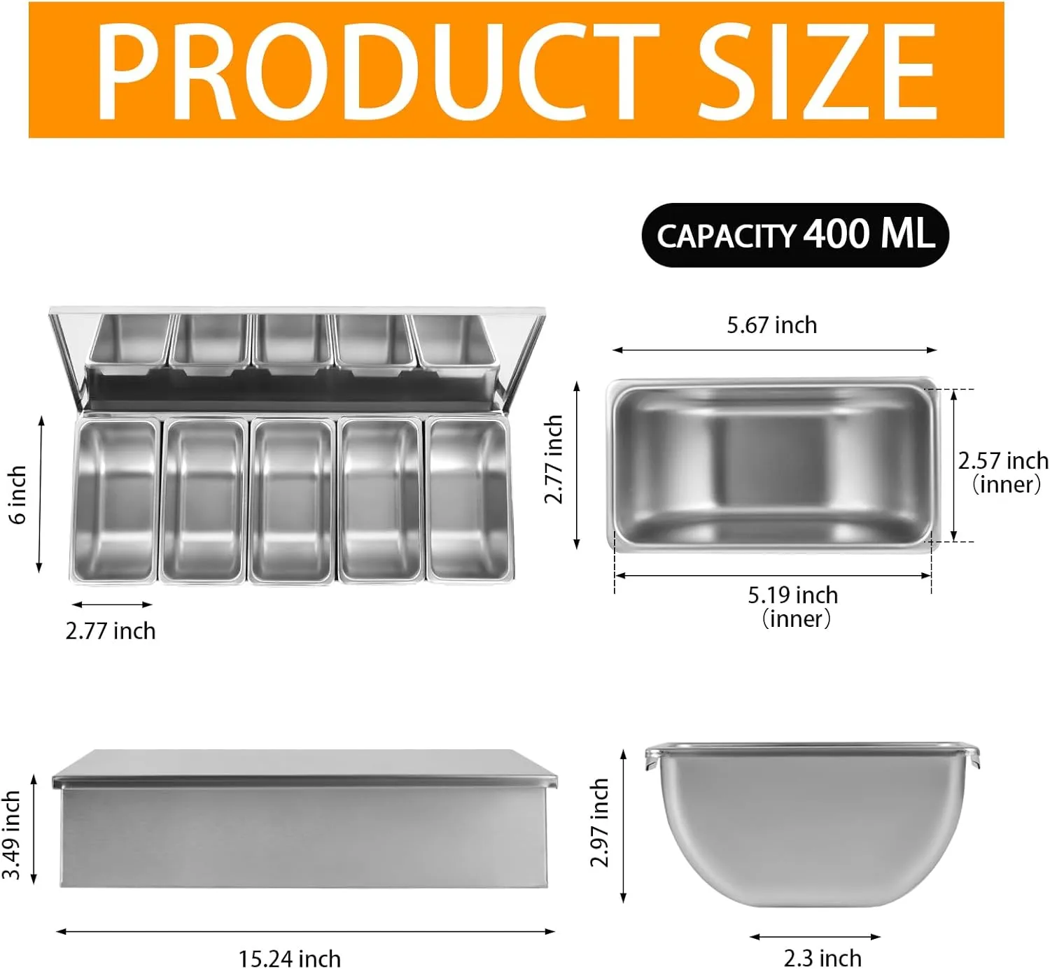 Pizza Topping Station, Stainless Steel Pizza Topping Station with 5 Removable Containers for Salad Bar and Nacho Bar and Grill Table