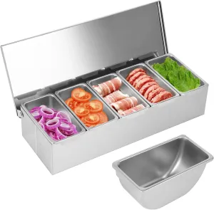 Pizza Topping Station, Stainless Steel Pizza Topping Station with 5 Removable Containers for Salad Bar and Nacho Bar and Grill Table