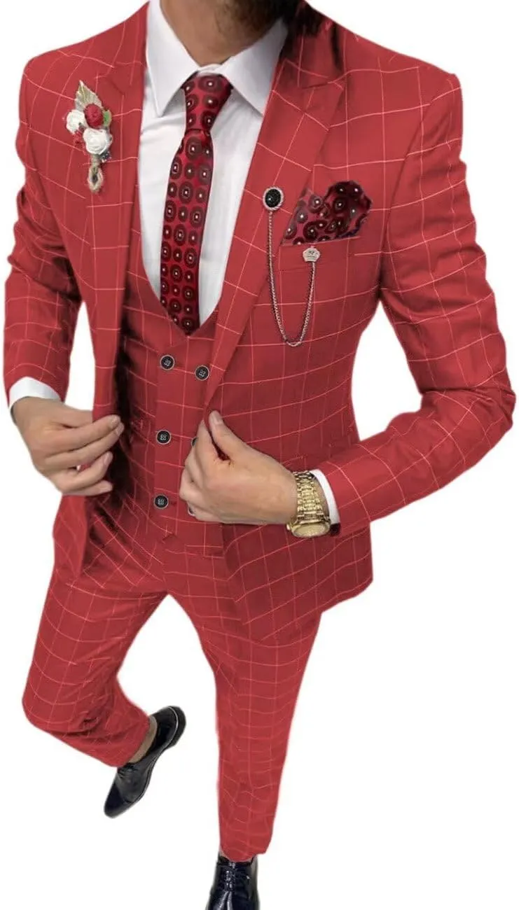 Plaid Suit for Men/Boy Slim Fit 3 Piece Checked Suits Formal Wedding Prom Dress Suits