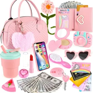 Play Purse for Girls Toddler With Pretend Makeup, Princess Pretend Play Toys With Handbag, Kids Toy Purse Birthday Gift for 3-8 Year Old