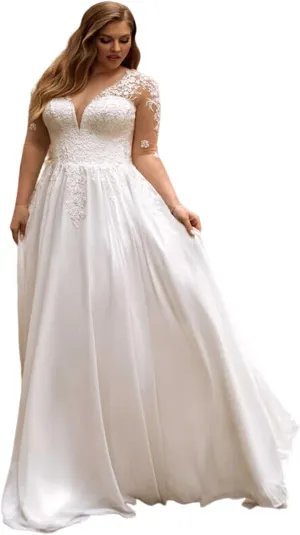 Plus Size Mermaid Spaghetti Straps Deep V-Neck Appliques Lace Wedding Dresses with Short Train