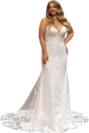 Plus Size Mermaid Spaghetti Straps Deep V-Neck Appliques Lace Wedding Dresses with Short Train