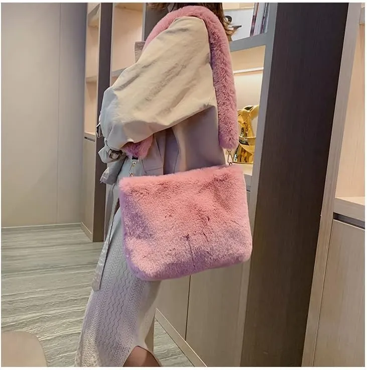 Plush Underarm Bag Ladies Faux Fur Fluffy Crossbody Shoulder Bag Women Soft Furry Tote Handbag for Autumn and Winter