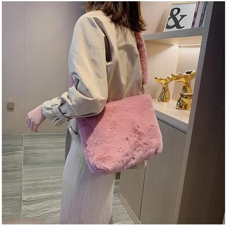 Plush Underarm Bag Ladies Faux Fur Fluffy Crossbody Shoulder Bag Women Soft Furry Tote Handbag for Autumn and Winter
