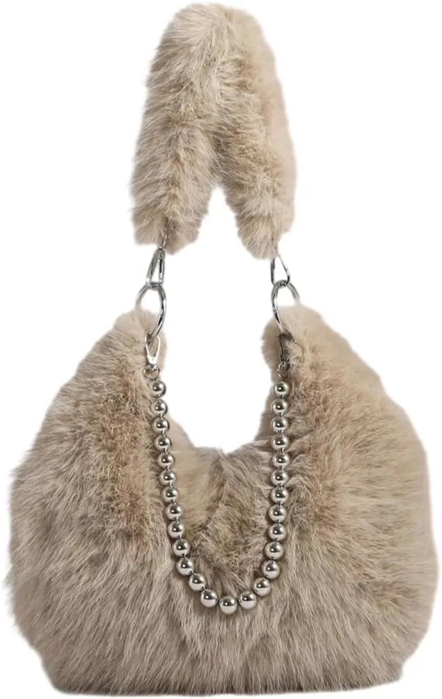 Plush Underarm Bag Ladies Fluffy Shoulder Bag, Furry Purses and Handbags, Women Clutch Tote Crossbody with Chain Strap
