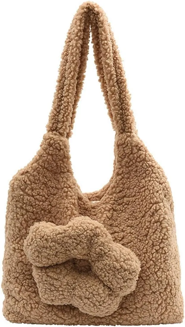 Plush Underarm Bag Ladies Fluffy Shoulder Bag, Women Furry Flower Tote Bag, Furry Purses and Handbags