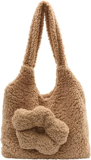 Plush Underarm Bag Ladies Fluffy Shoulder Bag, Women Furry Flower Tote Bag, Furry Purses and Handbags