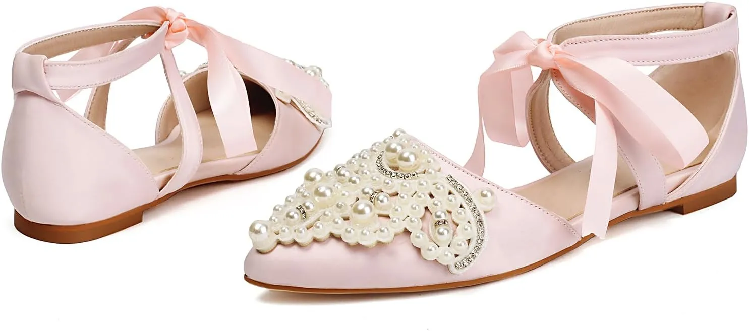 Pointed Toe Pearl Flats for Women Lace Up String Bead Riband Sandals Closed Toe Satin Bow Pumps