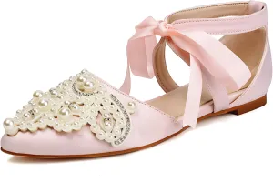 Pointed Toe Pearl Flats for Women Lace Up String Bead Riband Sandals Closed Toe Satin Bow Pumps