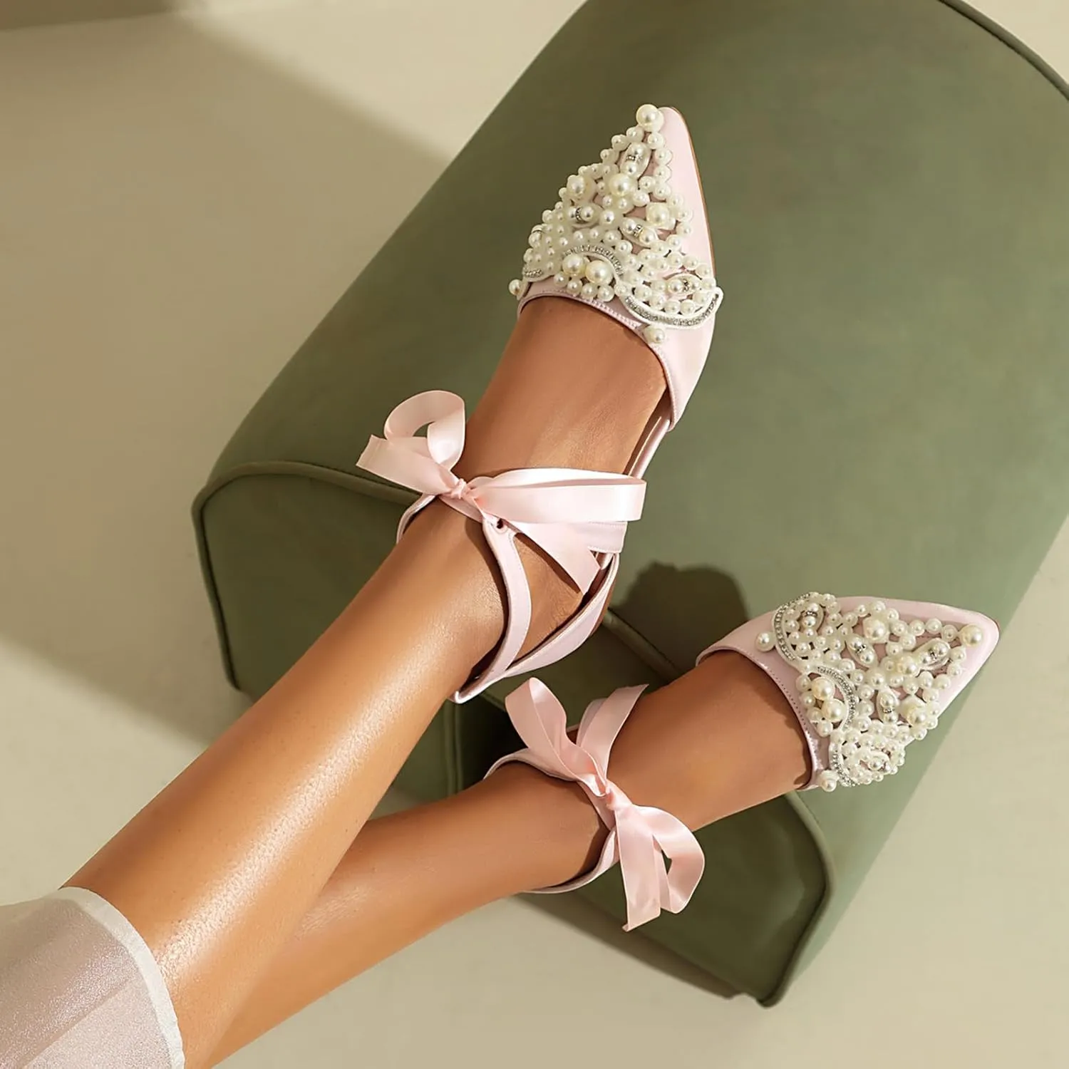 Pointed Toe Pearl Flats for Women Lace Up String Bead Riband Sandals Closed Toe Satin Bow Pumps