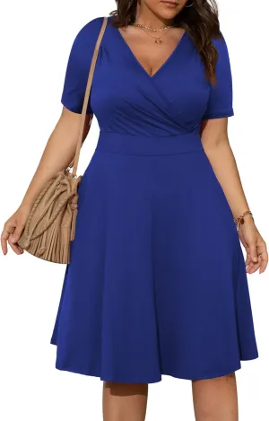 POSESHE Womens Plus Size Dresses Summer Short Sleeve Wrap V-Neck Sundress Casual Wedding Guest Cocktail Dress with Pockets