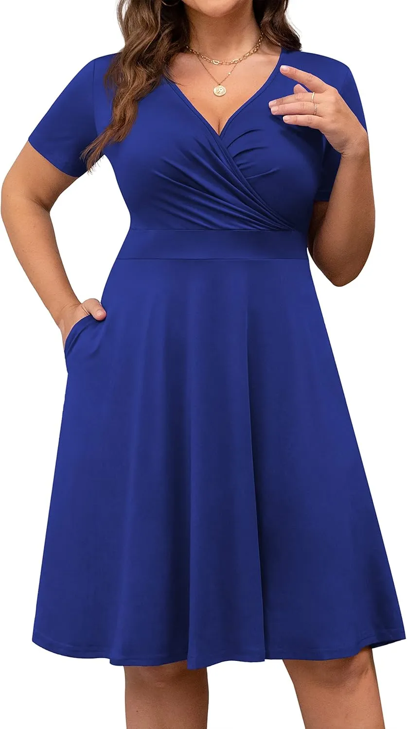 POSESHE Womens Plus Size Dresses Summer Short Sleeve Wrap V-Neck Sundress Casual Wedding Guest Cocktail Dress with Pockets