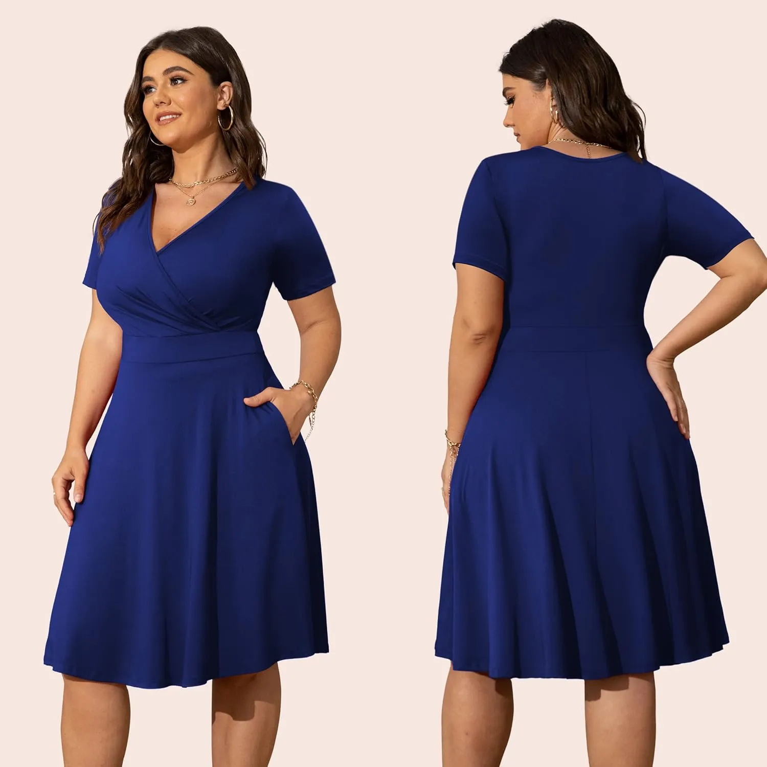 POSESHE Womens Plus Size Dresses Summer Short Sleeve Wrap V-Neck Sundress Casual Wedding Guest Cocktail Dress with Pockets