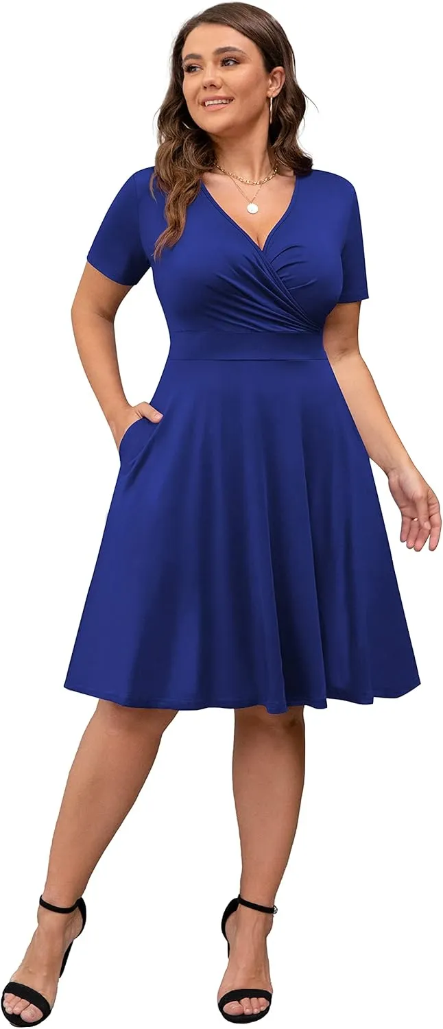 POSESHE Womens Plus Size Dresses Summer Short Sleeve Wrap V-Neck Sundress Casual Wedding Guest Cocktail Dress with Pockets