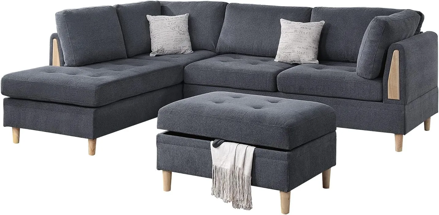 Poundex 3 Piece Sectional Sofa with Ottoman, Charcoal