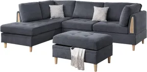 Poundex 3 Piece Sectional Sofa with Ottoman, Charcoal