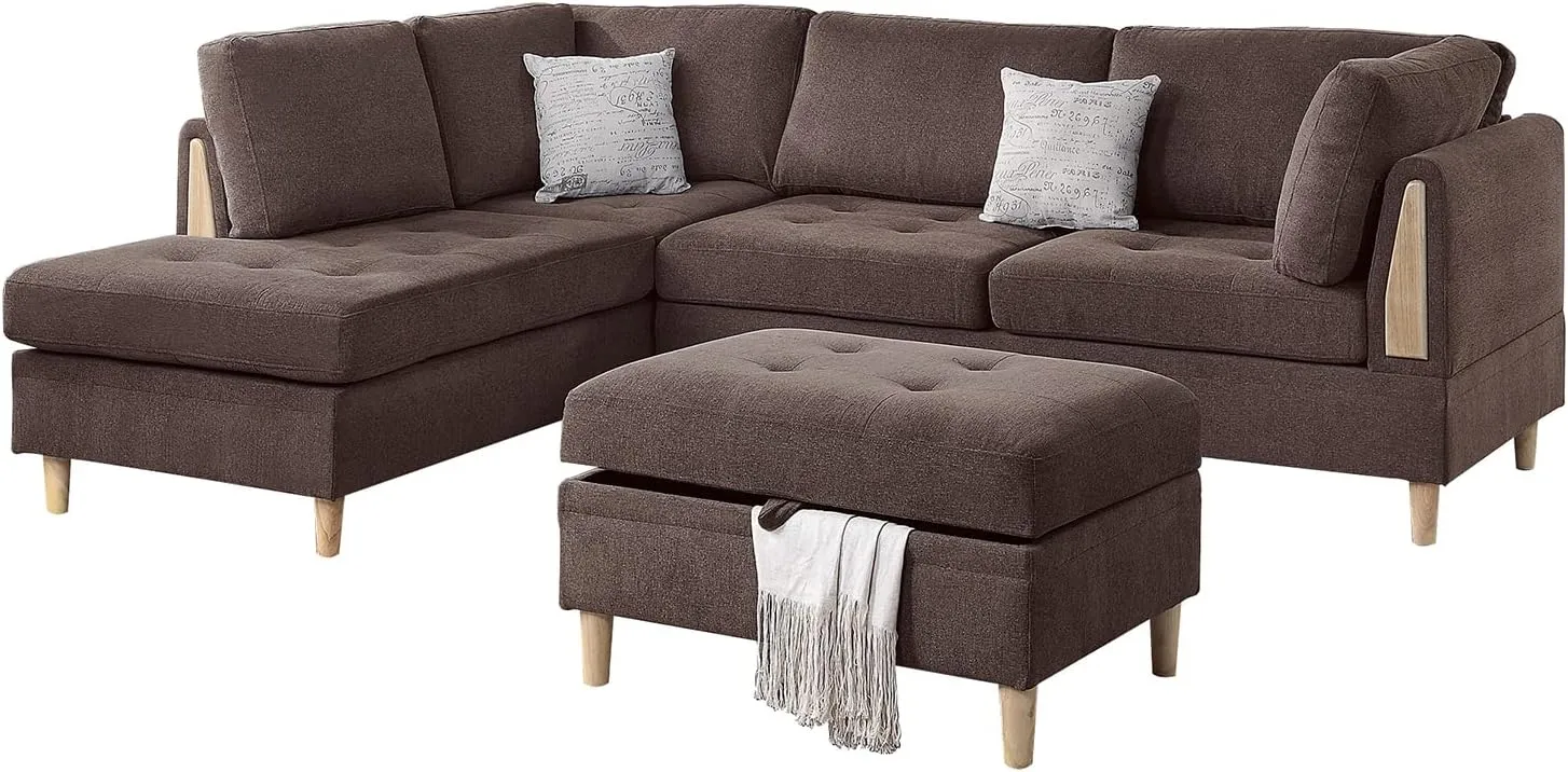 Poundex 3 Piece Sectional Sofa with Ottoman, Chocolate