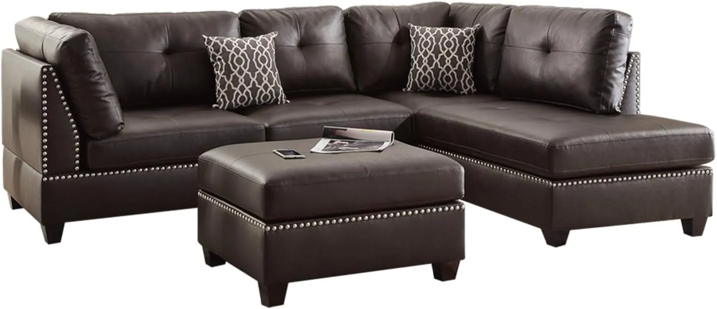 Poundex F6973 Bobkona Viola Faux Leather Left or Right Hand Chaise Sectional Set with Ottoman in Espresso | Comes in 3 packages