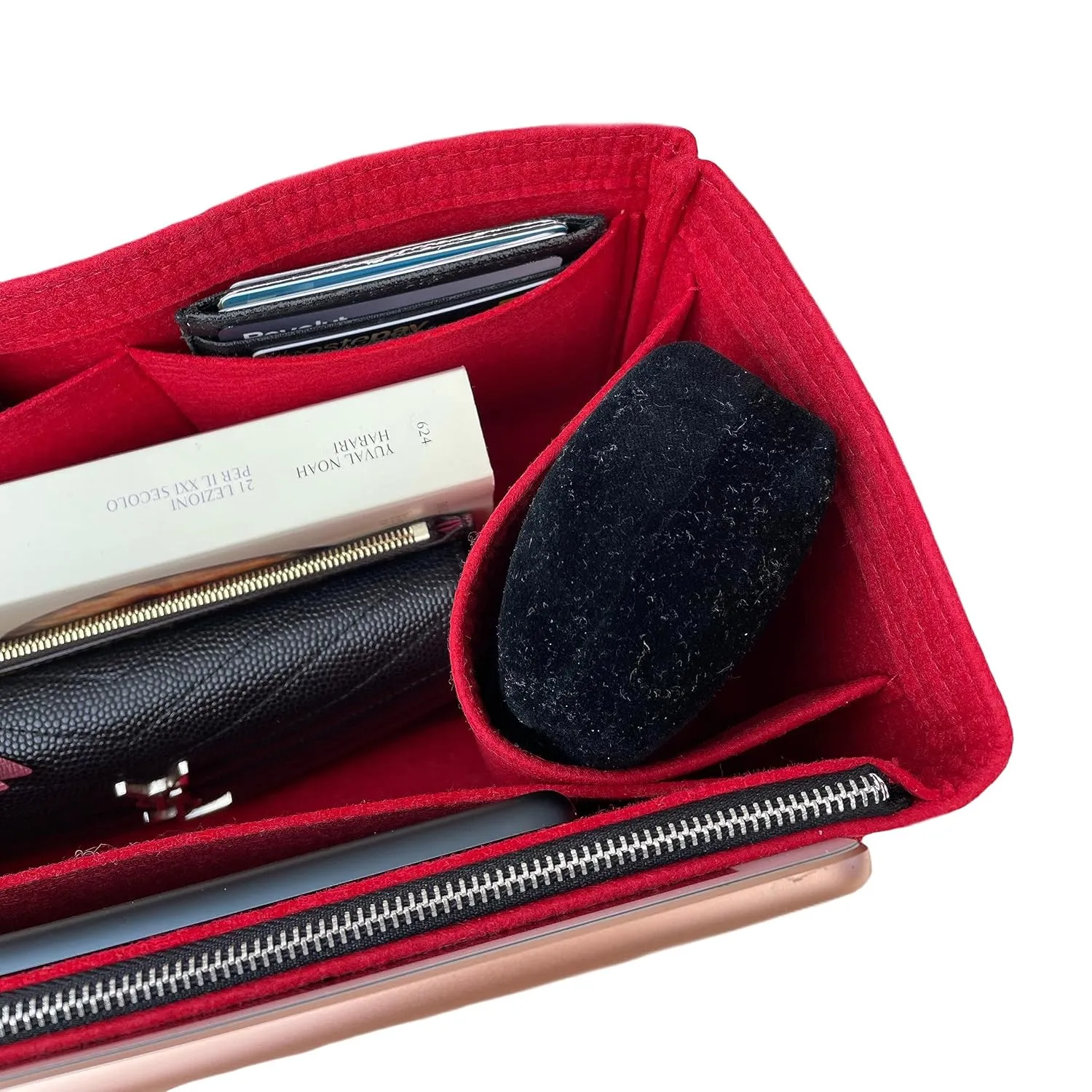 Premium Purse Organizer fits Grand Palais Bag Insert, Palais Petit Organizer, Grand Palais Organizer, Handmade 2mm Felt Insert Snug Sturdy Fit with Gold Zipper (For Grand Palais, Red)