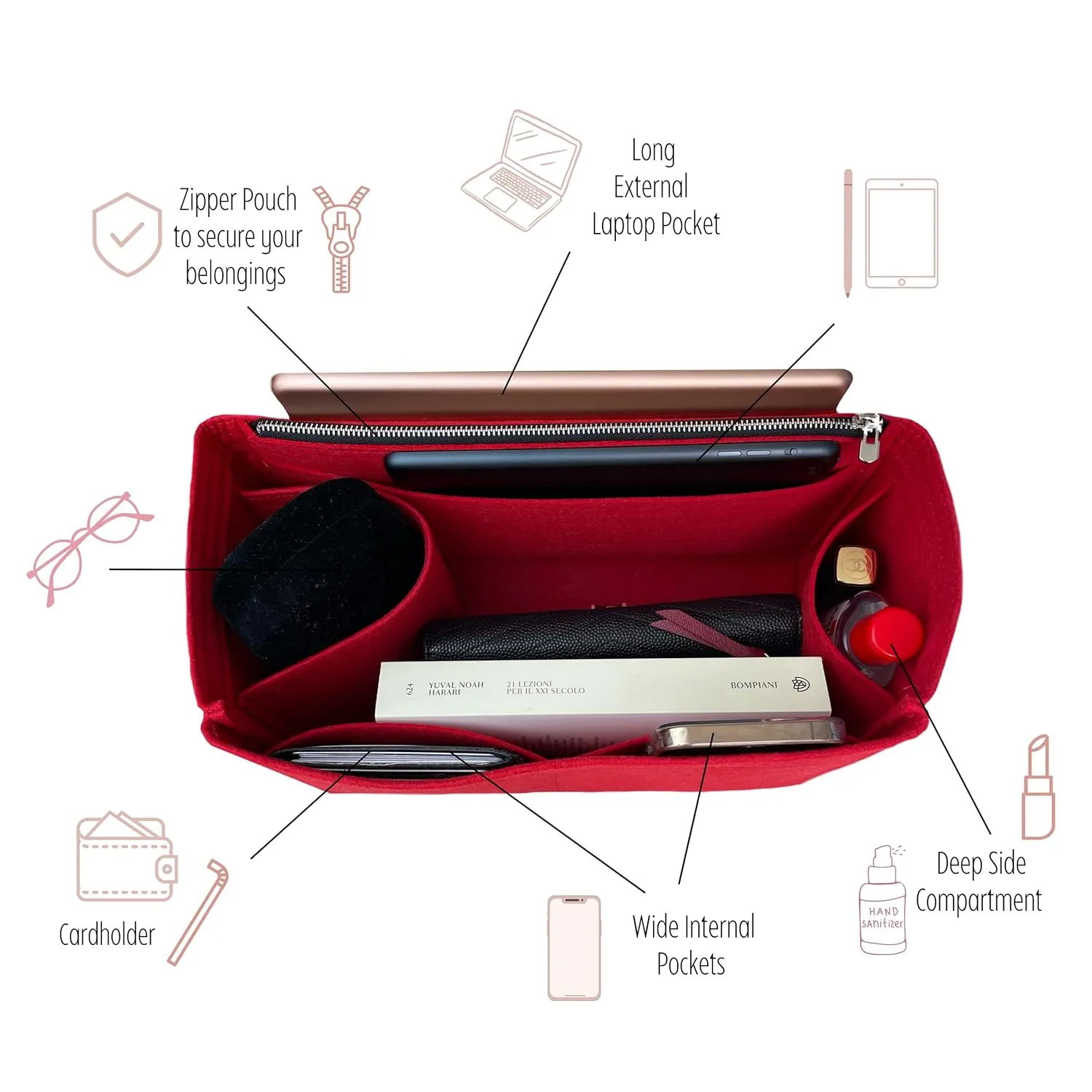 Premium Purse Organizer fits Grand Palais Bag Insert, Palais Petit Organizer, Grand Palais Organizer, Handmade 2mm Felt Insert Snug Sturdy Fit with Gold Zipper (For Grand Palais, Red)