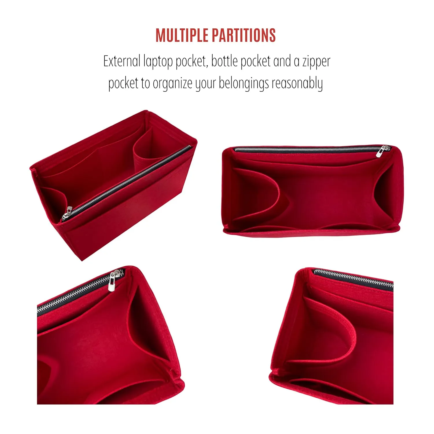 Premium Purse Organizer fits Grand Palais Bag Insert, Palais Petit Organizer, Grand Palais Organizer, Handmade 2mm Felt Insert Snug Sturdy Fit with Gold Zipper (For Grand Palais, Red)