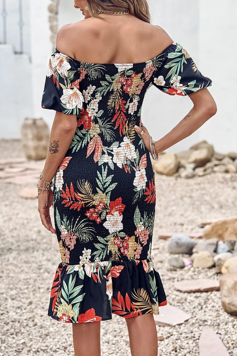 PRETTYGARDEN Bodycon Midi Dresses 2025 Summer Floral Puff Sleeve Mermaid Cocktail Baby Shower Photoshoot Maternity Dress
