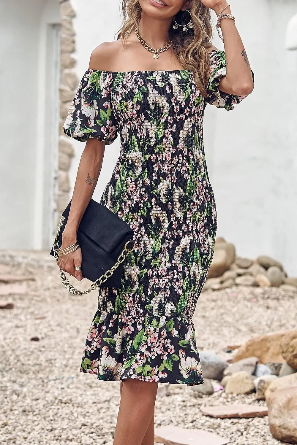 PRETTYGARDEN Bodycon Midi Dresses 2025 Summer Floral Puff Sleeve Mermaid Cocktail Baby Shower Photoshoot Maternity Dress