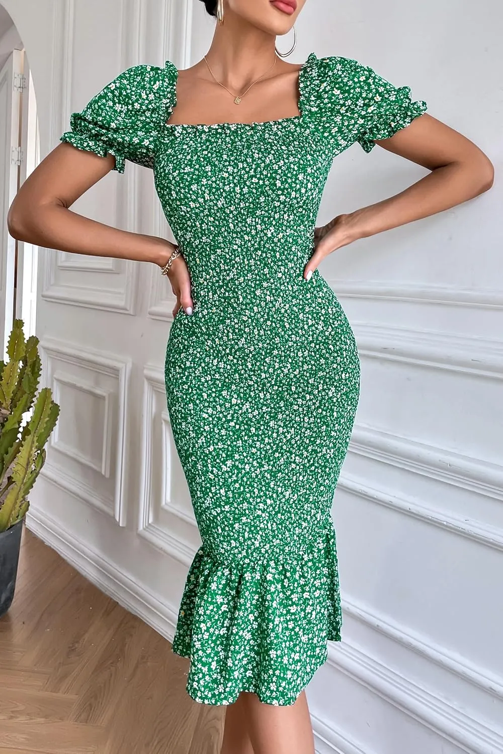 PRETTYGARDEN Bodycon Midi Dresses 2025 Summer Floral Puff Sleeve Mermaid Cocktail Baby Shower Photoshoot Maternity Dress