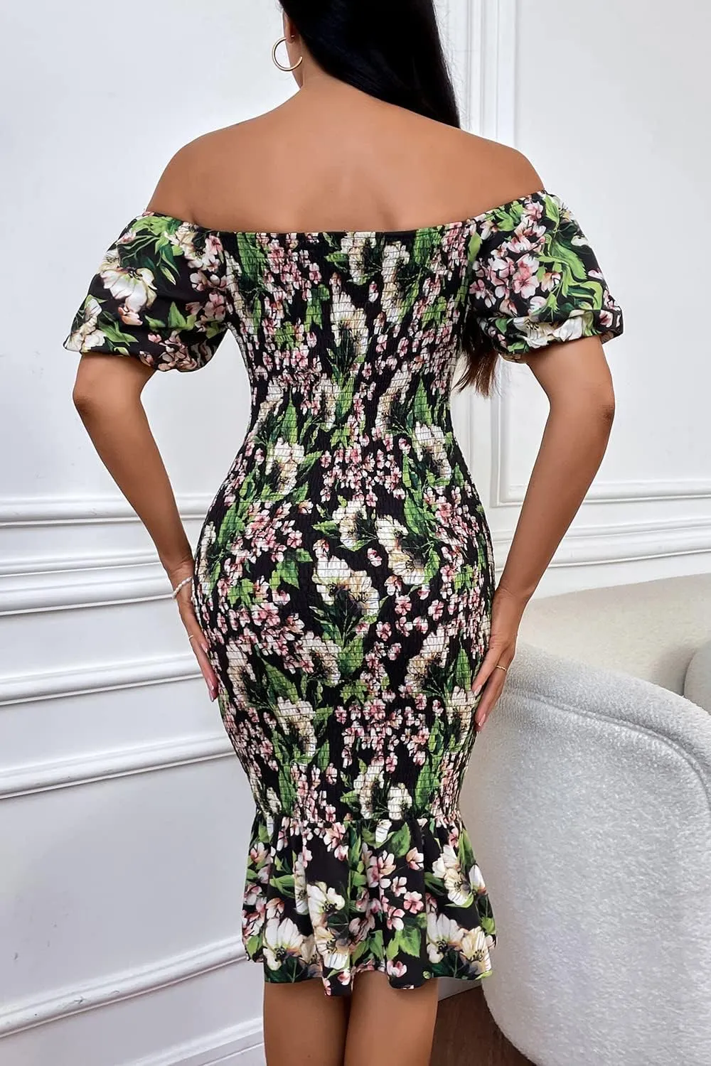 PRETTYGARDEN Bodycon Midi Dresses 2025 Summer Floral Puff Sleeve Mermaid Cocktail Baby Shower Photoshoot Maternity Dress