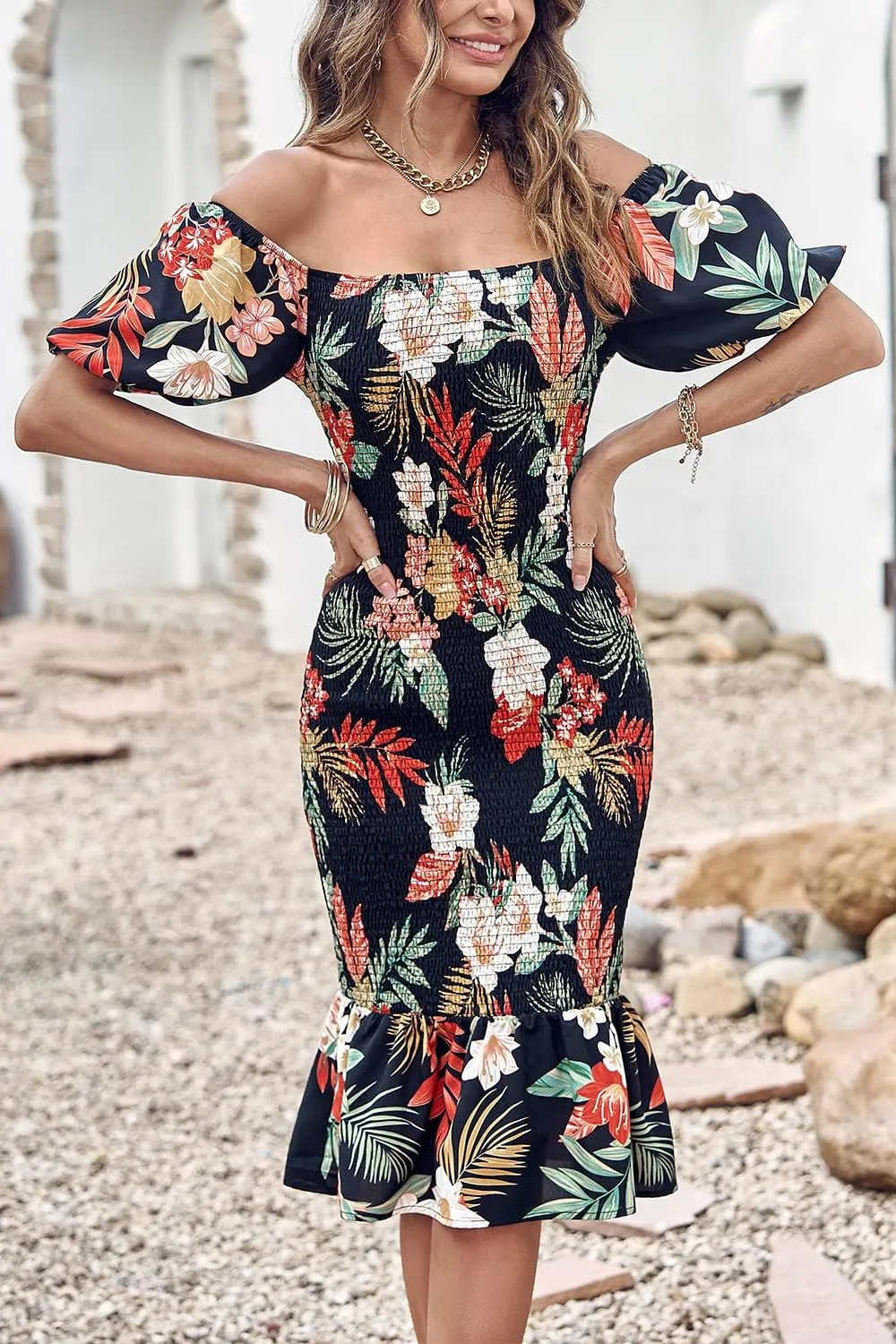 PRETTYGARDEN Bodycon Midi Dresses 2025 Summer Floral Puff Sleeve Mermaid Cocktail Baby Shower Photoshoot Maternity Dress