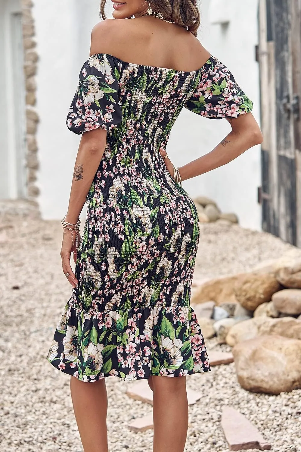 PRETTYGARDEN Bodycon Midi Dresses 2025 Summer Floral Puff Sleeve Mermaid Cocktail Baby Shower Photoshoot Maternity Dress
