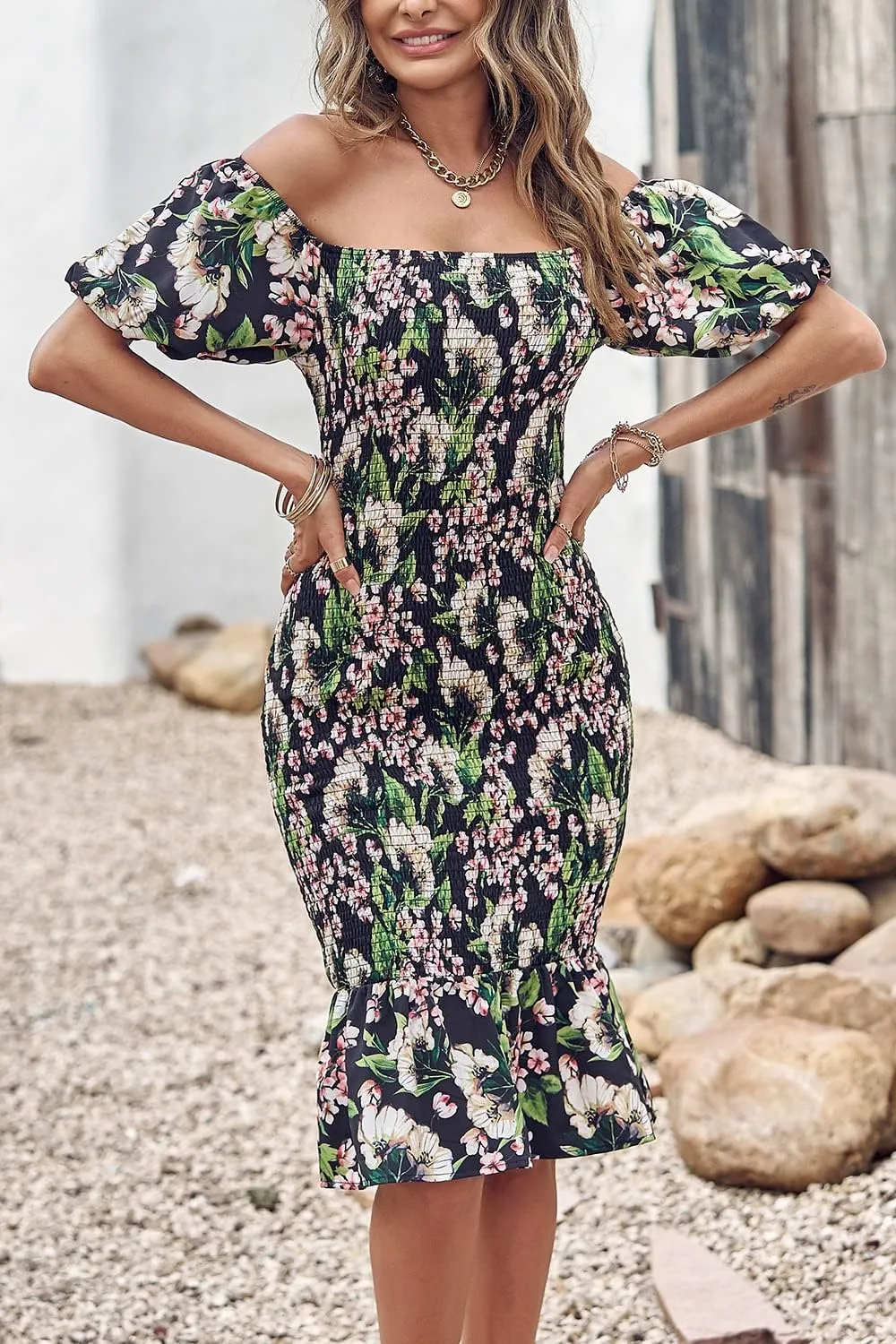 PRETTYGARDEN Bodycon Midi Dresses 2025 Summer Floral Puff Sleeve Mermaid Cocktail Baby Shower Photoshoot Maternity Dress