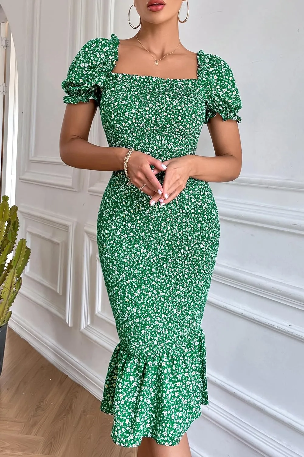 PRETTYGARDEN Bodycon Midi Dresses 2025 Summer Floral Puff Sleeve Mermaid Cocktail Baby Shower Photoshoot Maternity Dress