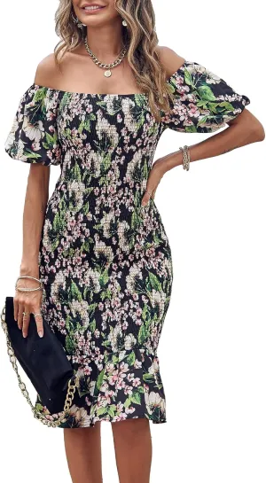 PRETTYGARDEN Bodycon Midi Dresses 2025 Summer Floral Puff Sleeve Mermaid Cocktail Baby Shower Photoshoot Maternity Dress