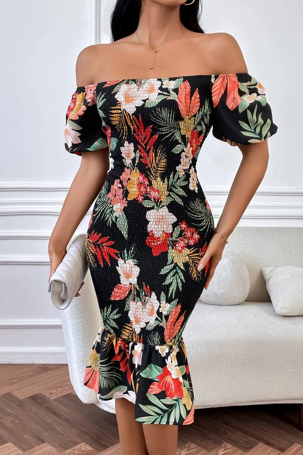 PRETTYGARDEN Bodycon Midi Dresses 2025 Summer Floral Puff Sleeve Mermaid Cocktail Baby Shower Photoshoot Maternity Dress