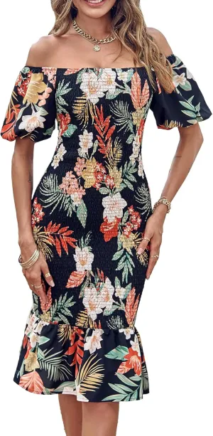 PRETTYGARDEN Bodycon Midi Dresses 2025 Summer Floral Puff Sleeve Mermaid Cocktail Baby Shower Photoshoot Maternity Dress