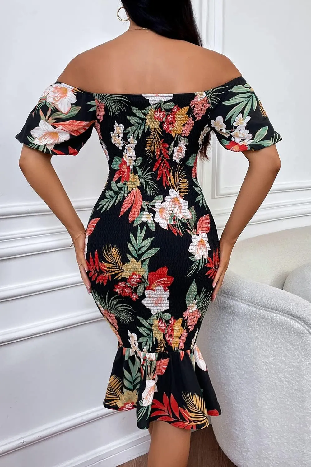 PRETTYGARDEN Bodycon Midi Dresses 2025 Summer Floral Puff Sleeve Mermaid Cocktail Baby Shower Photoshoot Maternity Dress