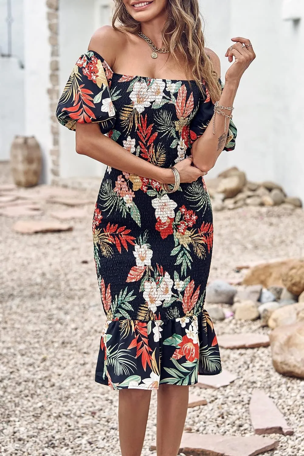 PRETTYGARDEN Bodycon Midi Dresses 2025 Summer Floral Puff Sleeve Mermaid Cocktail Baby Shower Photoshoot Maternity Dress