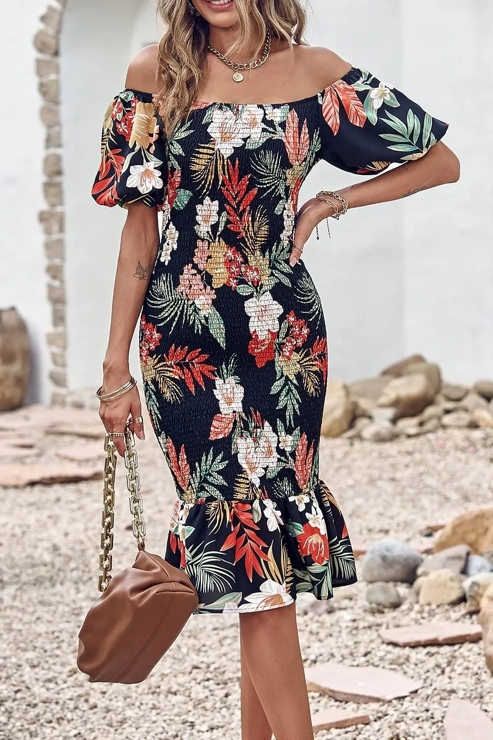 PRETTYGARDEN Bodycon Midi Dresses 2025 Summer Floral Puff Sleeve Mermaid Cocktail Baby Shower Photoshoot Maternity Dress