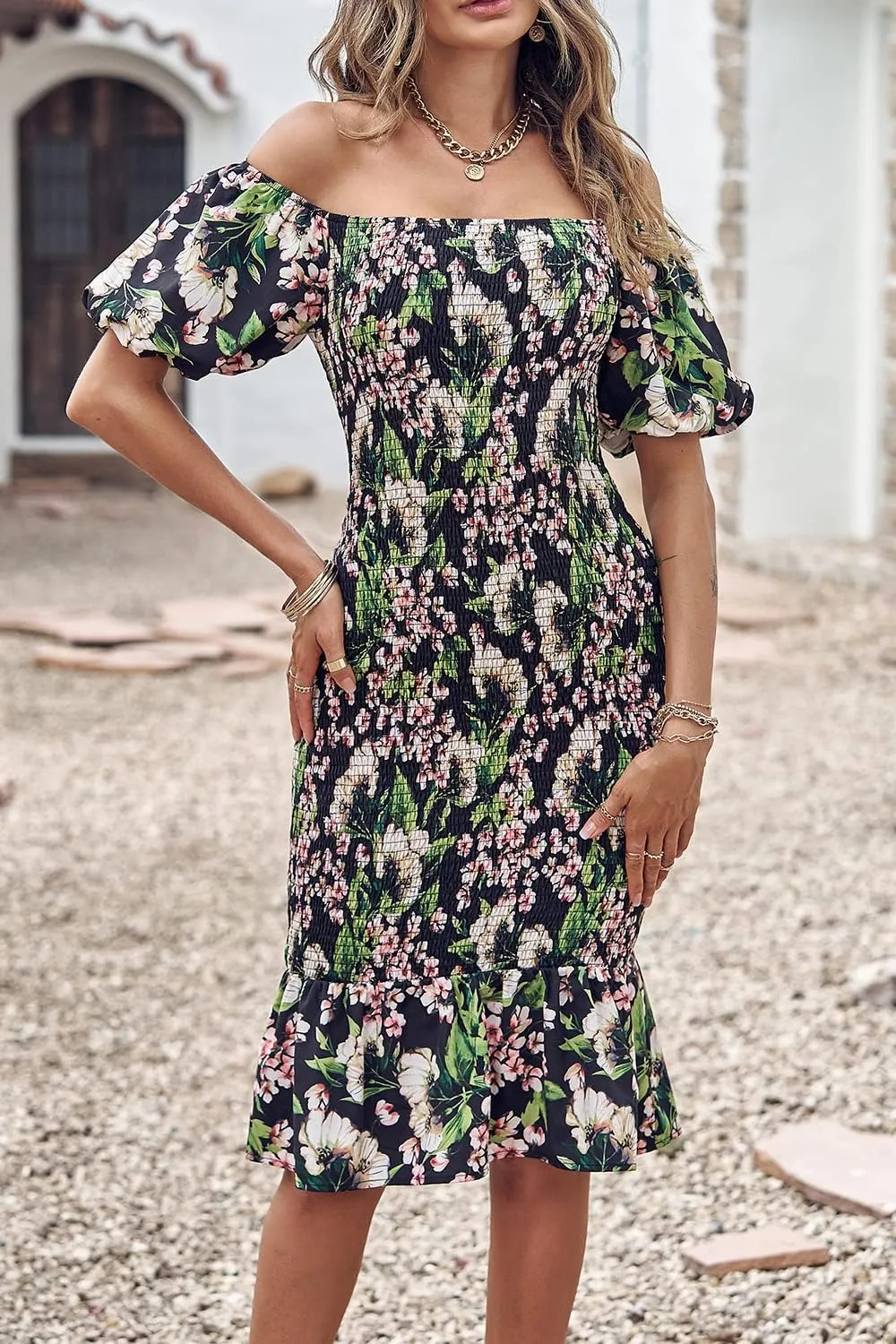 PRETTYGARDEN Bodycon Midi Dresses 2025 Summer Floral Puff Sleeve Mermaid Cocktail Baby Shower Photoshoot Maternity Dress