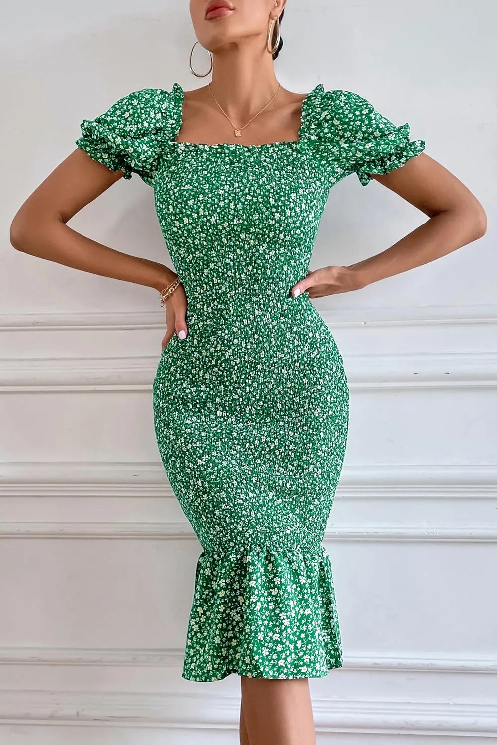 PRETTYGARDEN Bodycon Midi Dresses 2025 Summer Floral Puff Sleeve Mermaid Cocktail Baby Shower Photoshoot Maternity Dress